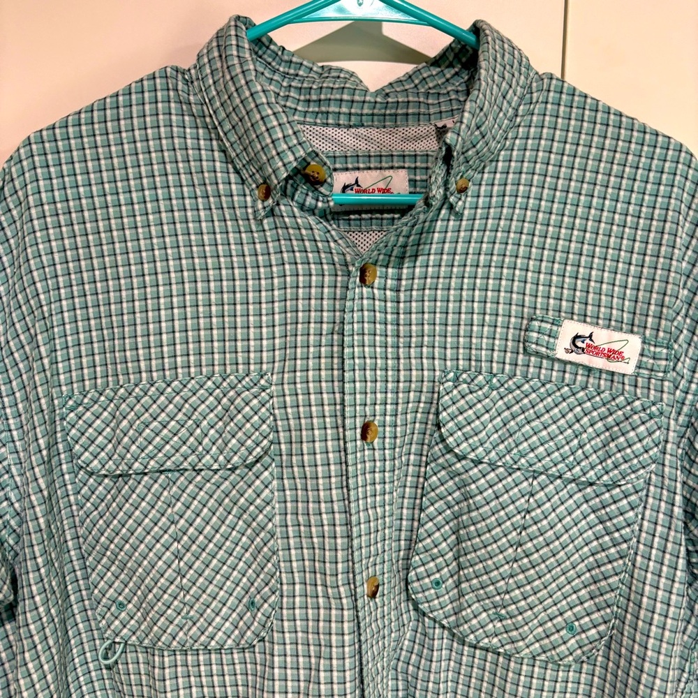 VTG World Wide Sportsman Mens Large Short Sleeve Button Up Shirt Vented Fishing